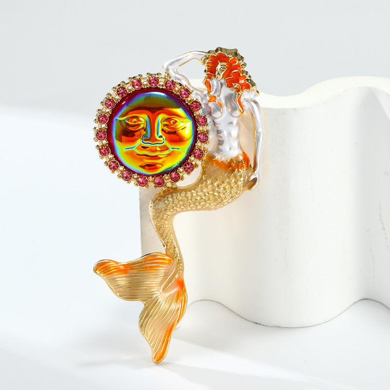 Vintage Mermaid Lady Brooch Elegant Painted Human Head Pin Accessory