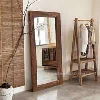 New Chinese Wabi-Sabi Style Solid Elm Wood Full-Length Floor Mirror for Home and Boutique Decor
