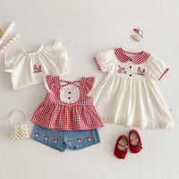 Girls' Plaid Dress Summer Korean Style Baby Doll Collar Embroidered Rabbit Skirt
