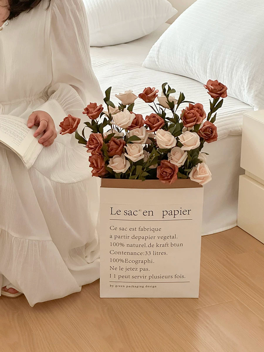 Artificial Rose Bouquet with Paper Bag - French Style Faux Flowers for Home Decor & Photography Props