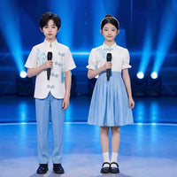 Girls' Chinese Style Blue Performance Dress for Choir, Speech, and Pageants