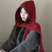 Women's Hooded Knitted Shawl with Integrated Hat and Scarf, Thickened Drawstring Design for Autumn/Winter Layering