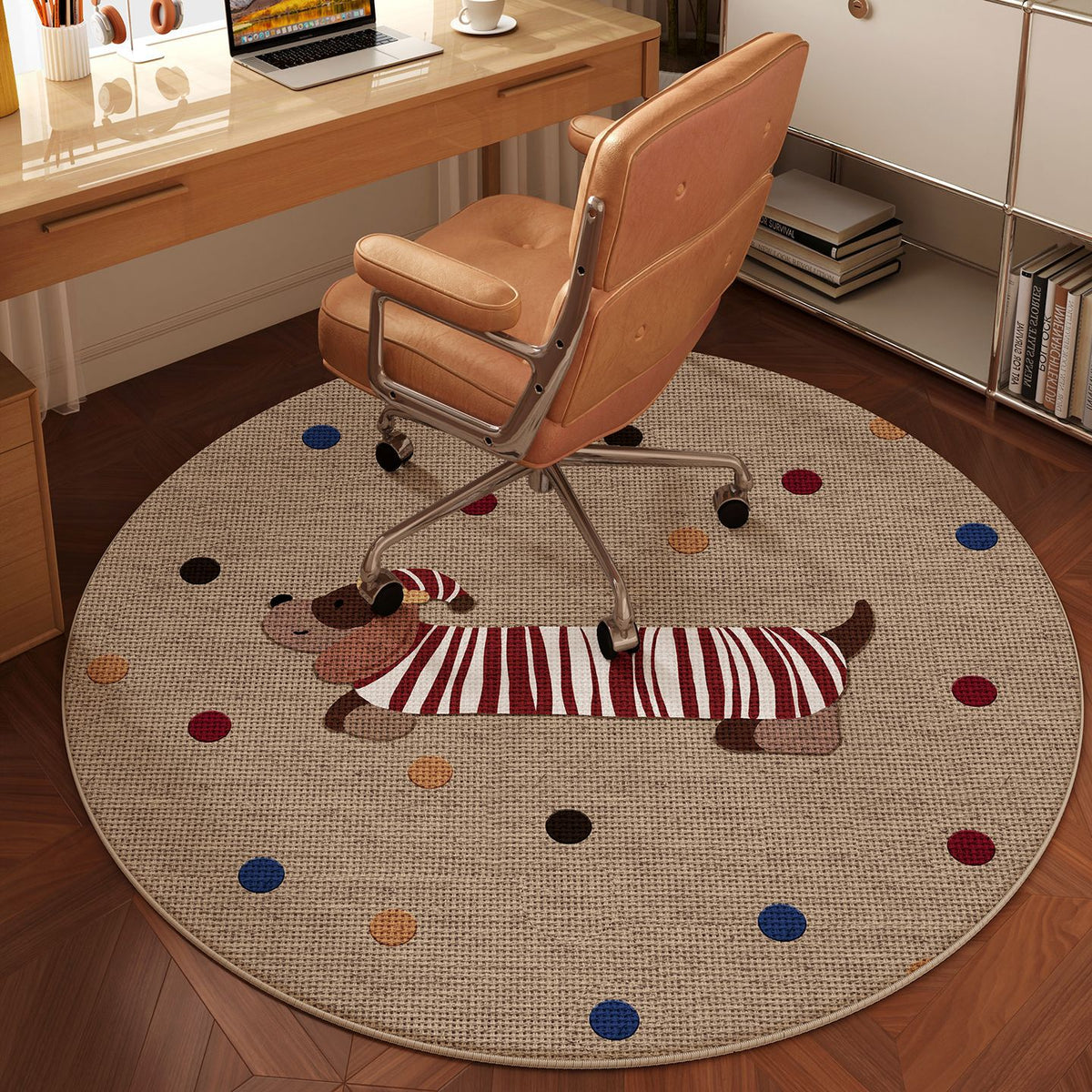Round Chair Mat for Hard Floors and Carpets, Non-Slip, Washable, Mid-Century Style Faux Linen Rug for Office and Desk Chairs