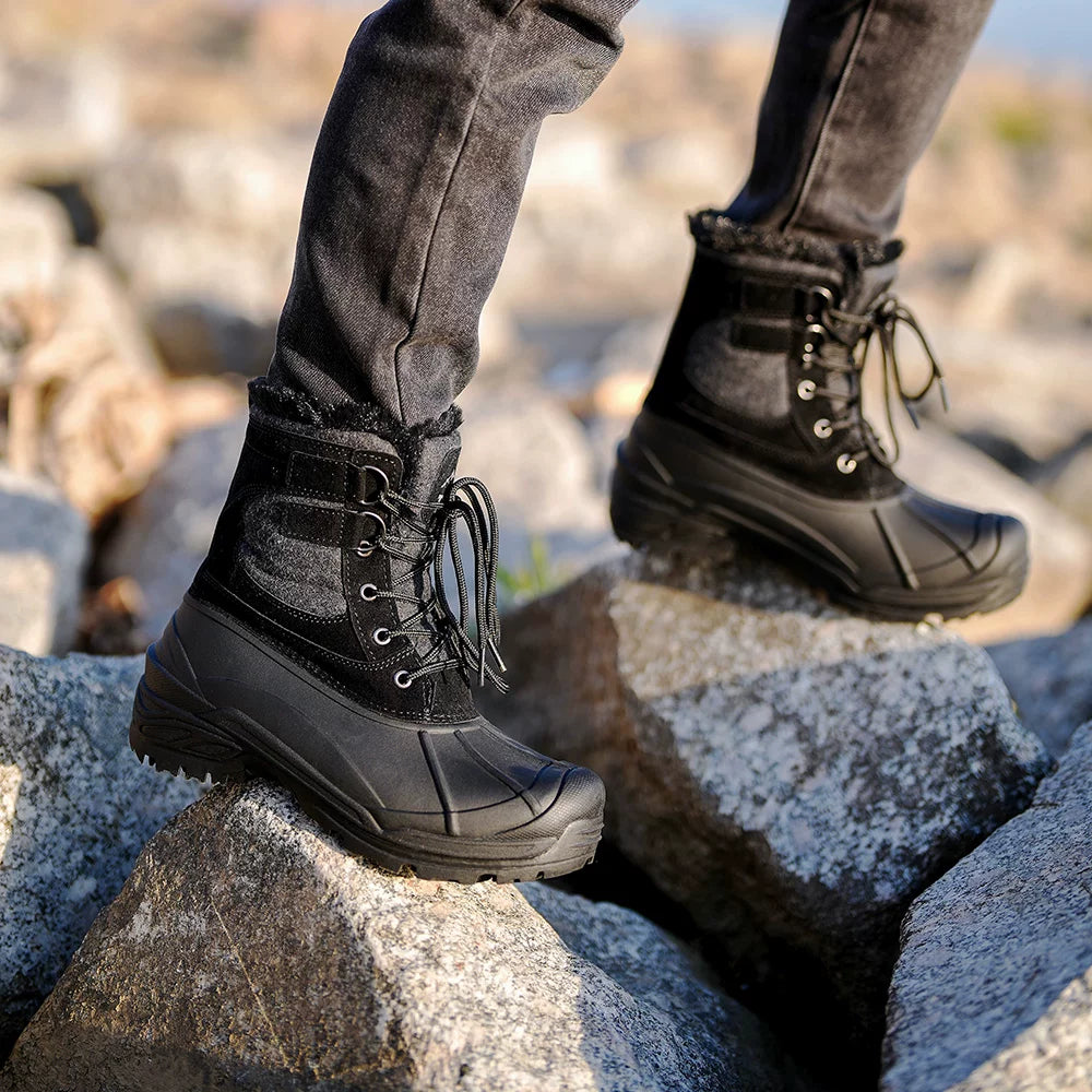 Men's Winter Waterproof Non-Slip Mid-Calf Snow Boots with Thick Plush Lining for Outdoor Cold Weather Fishing