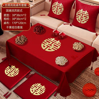Red Wedding Tablecloth and Cushion Set with Fruit Plate and Dried Fruit Tray for Wedding Room Decoration