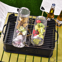 304 Stainless Steel Rolling BBQ Basket with Wooden Handle for Outdoor Grilling