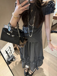 French Style Ruffle Trim Top & Skirt Set for Women
