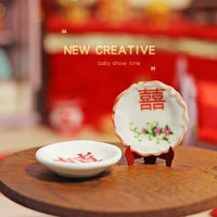 OB11 Dollhouse Miniature Ceramic Double Happiness Dish Tableware Set for Micro Landscape Photography Props BJD