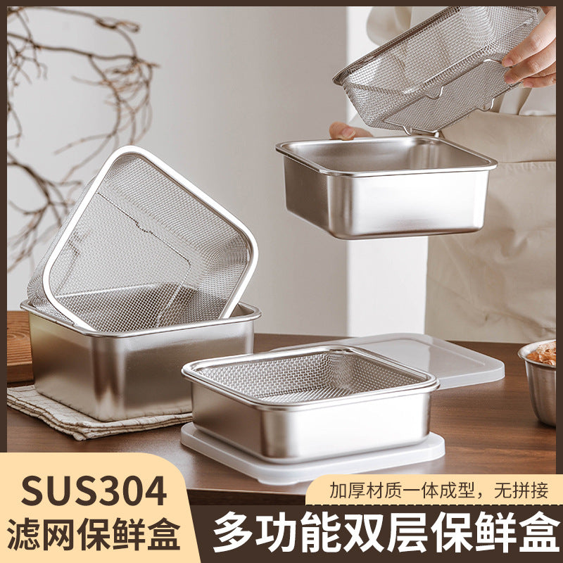 304 Stainless Steel Food Storage Container with Drainer Basket, Refrigerator Organizer for Fruits and Vegetables
