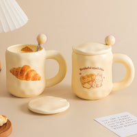 Cute Cartoon Rabbit Ceramic Mug with Lid and Spoon for Coffee and Breakfast