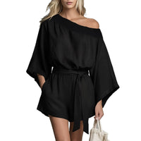 Women's Off-Shoulder Lace Trim Top & Tie-Waist Shorts Set
