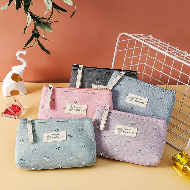 Korean Style Floral Canvas Cosmetic Bag with Zipper, Portable Mini Pouch for Travel and Daily Use