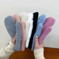 Women's Solid Color Knitted Fleece-Lined Mittens for Winter