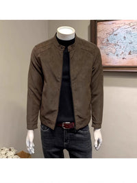 Men's Suede Leather Jacket Stand Collar Casual Slim Fit Motorcycle Coat
