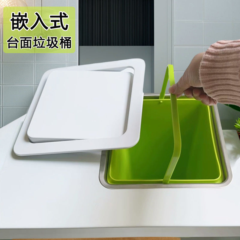 Square Countertop Recessed Trash Can Set with Lid and Inner Bucket for Kitchen Bathroom
