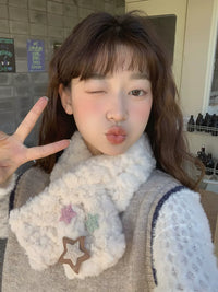 Japanese Sweet Star Plush Cross Scarf for Women, Thickened Warm Short Korean Style All-match Student Neck Warmer