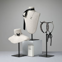 Premium Bamboo Linen Jewelry Display Stand with Antique Wood Base for Necklaces and Scarves