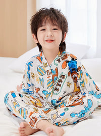 Girls' Cotton Rayon Pajama Set Summer Thin Kids' Loungewear with Stand Collar