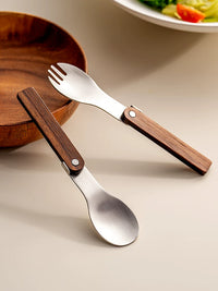 Onlycook Foldable 304 Stainless Steel Spoon and Fork Set with Walnut Handle for Outdoor Camping