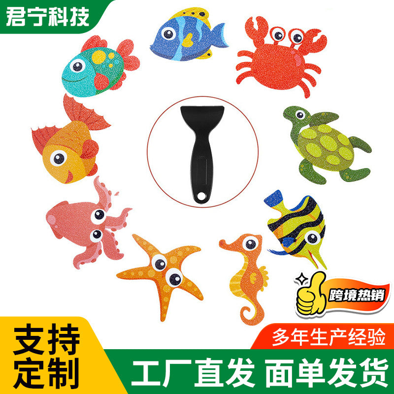 Ocean Animal Cartoon Non-Slip Bathtub Stickers for Kids, PEVA Anti-Slip Decals for Bathroom Floors