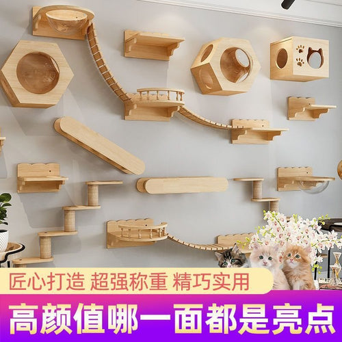 Solid Wood Wall-Mounted Cat Climbing Frame with Jumping Platform & Ladder, Aerial Cat Walkway