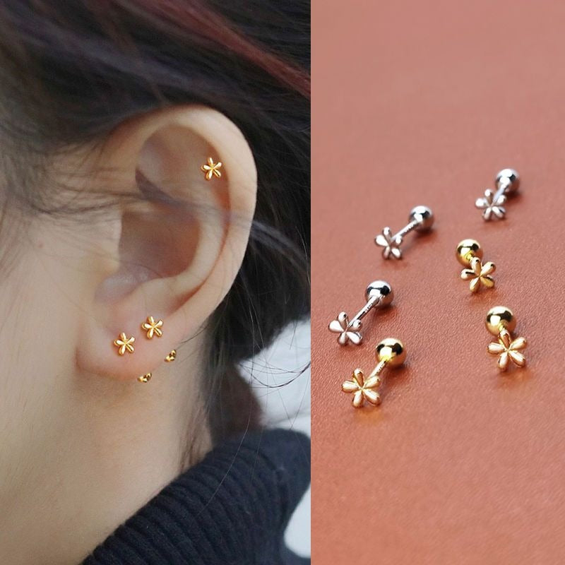 Stainless Steel Rose Flower Stud Earrings for Women, Short Bar Screw Back, Hypoallergenic