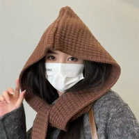 Hooded Scarf and Beanie Set for Winter, Solid Color Warm Knit Scarf and Hat Combo