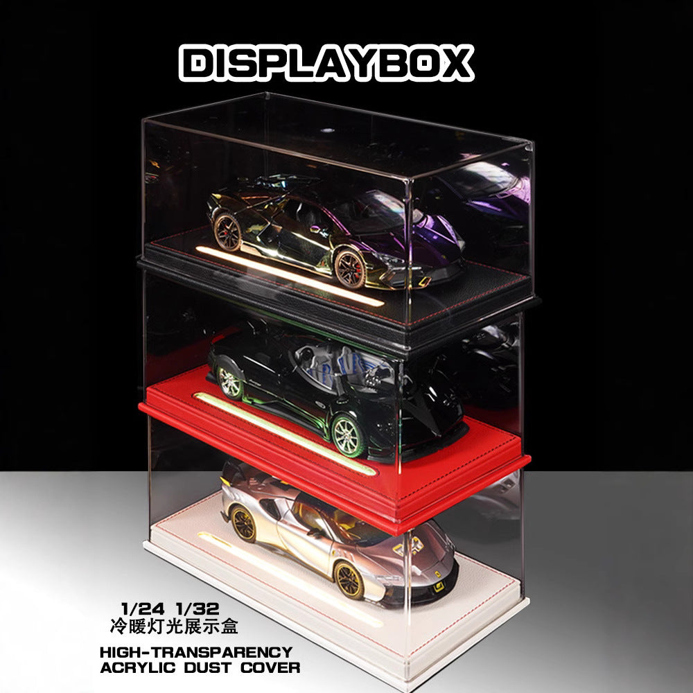 1/24 Scale Acrylic Display Case with Leather Base, Dustproof Storage Box for Car Models and Action Figures, Transparent Cover with Lighting