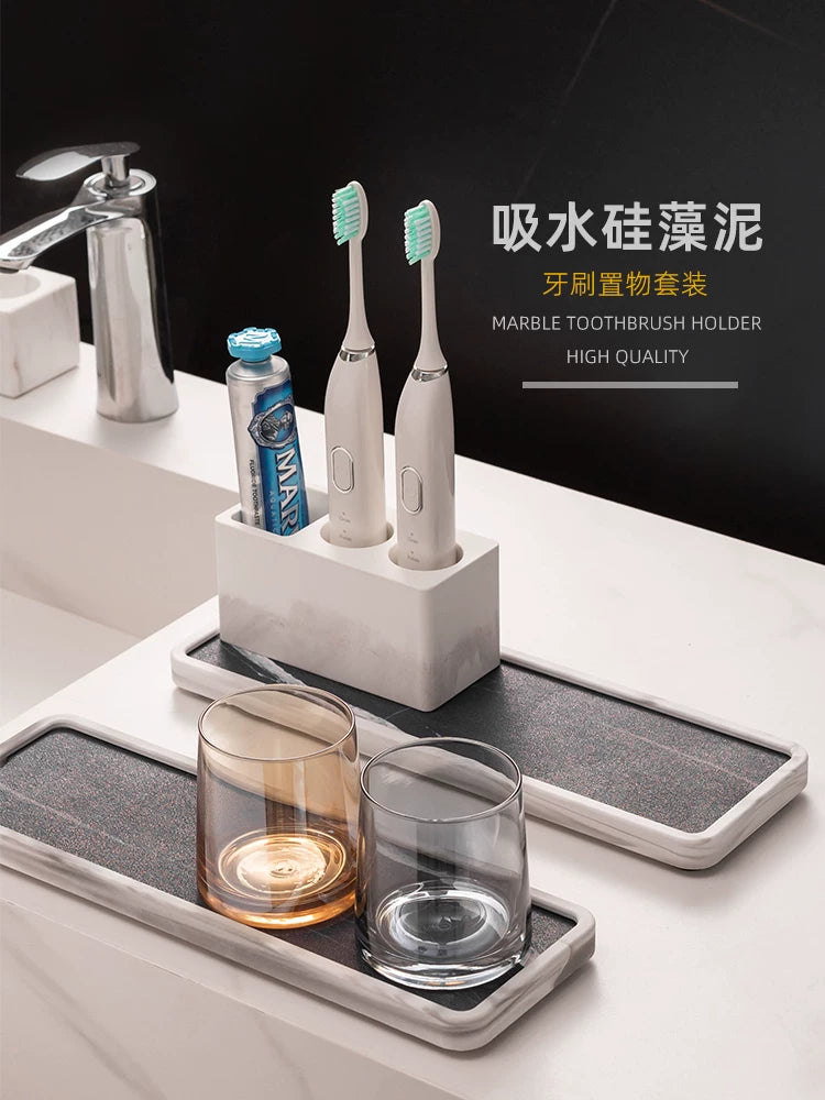 Diatomaceous Earth Absorbent Mat for Electric Toothbrush, Toothpaste, and Tumbler - Quick Dry Bathroom Counter Organizer Tray