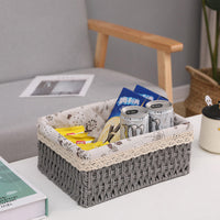 Woven Rattan Desktop Storage Basket with Fabric Lining for Snacks, Cosmetics, Toys, and Sundries