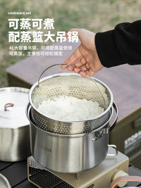 Outdoor Camping Cookware Set with Kettle and Frying Pan, Stainless Steel Portable Cooking Pot for Backpacking and Travel