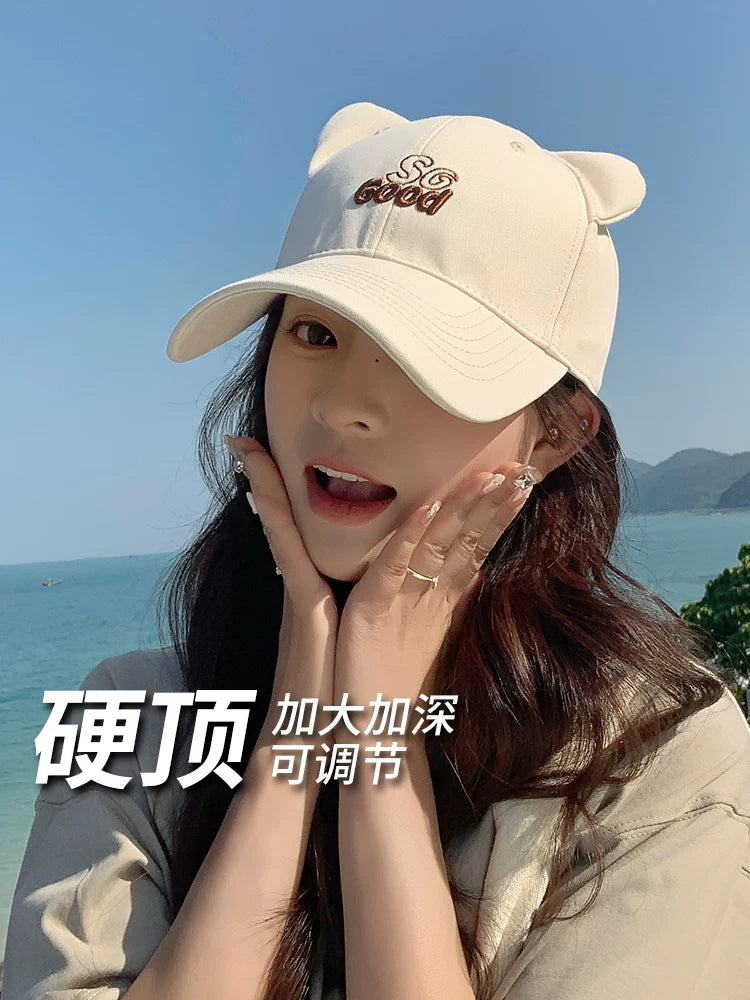 Cartoon Cat Ear Baseball Cap for Women and Men, Adjustable Hard Top Sun Protection Visor Hat