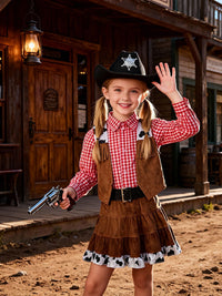Girls' Western Cowgirl Halloween Costume Set with Plaid Vest and Skirt for Parties and Stage