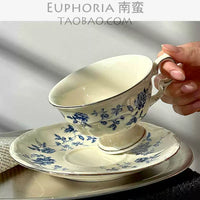 Vintage French Blue and White Porcelain Coffee Cup and Saucer Set with Gold Rim