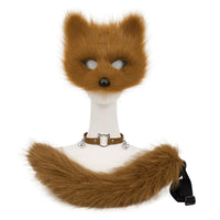Faux Fur Fox Mask Fluffy Tail Leather Collar Set for Halloween Cosplay Party