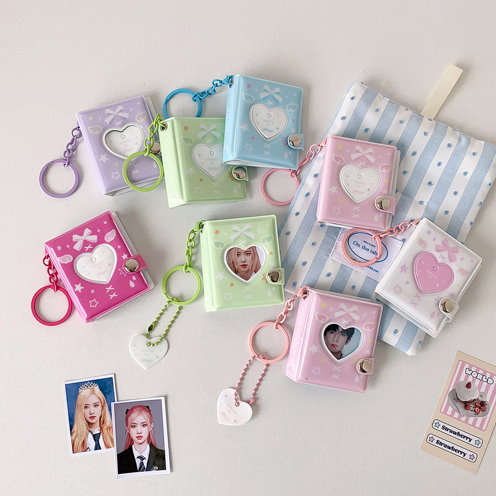 Bowknot 2-inch Heart Hollow Photo Album Keychain for Students, Mini Photo Storage Book for Girls