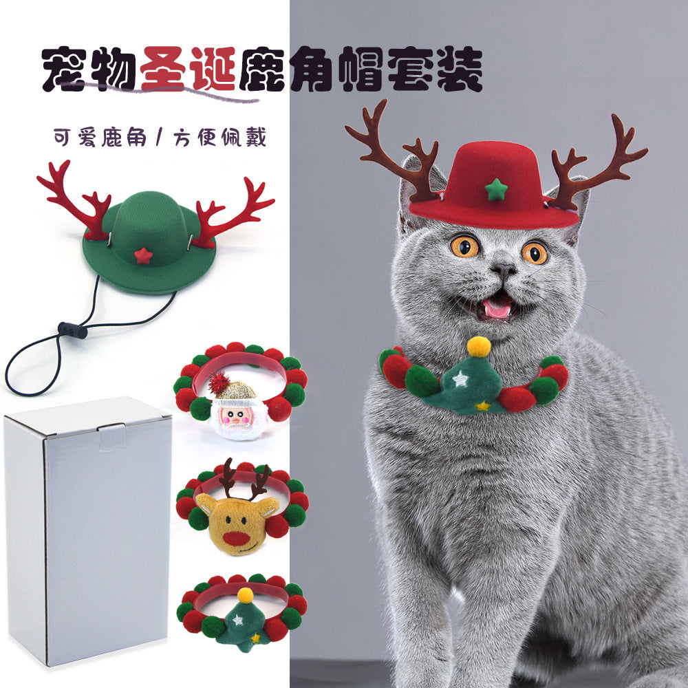 Christmas Pet Antler Hat and Collar Set for Cats and Small Dogs