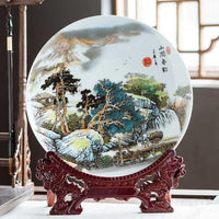 Jingdezhen Ceramic Decorative Plate with Stand, 10-inch, Hand-Painted Mountain Spring Design for Home and Office Decor