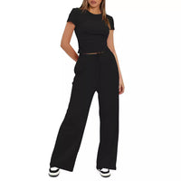 Women's Solid Color Pleated Short Sleeve Top and High Waist Wide Leg Pants Set