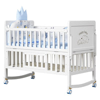 White Solid Wood Multifunctional Baby Crib with Wheels, Newborn Infant Bassinet, Can Be Spliced to Large Bed