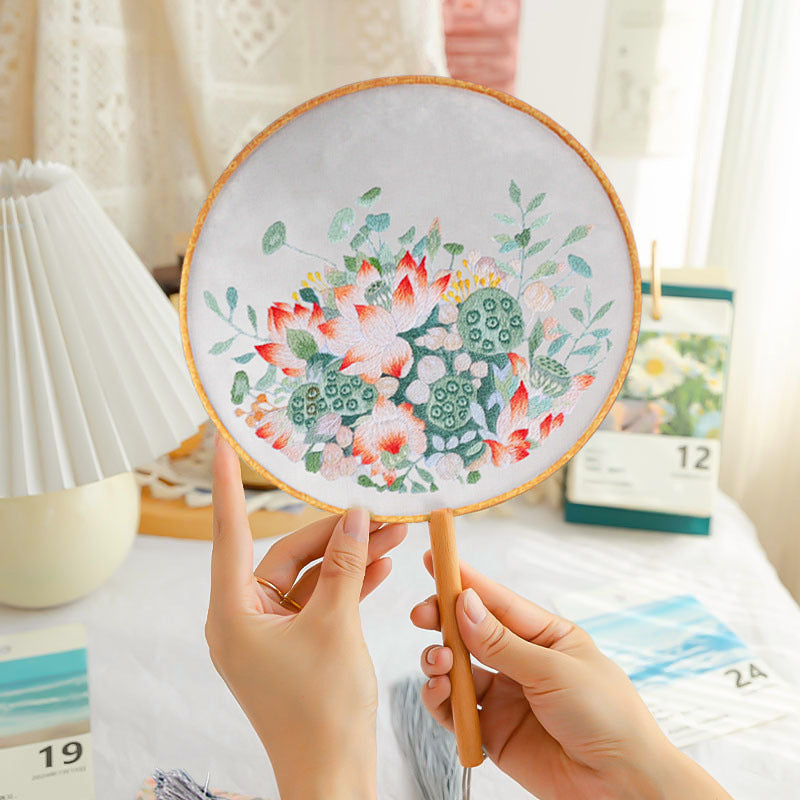 DIY Embroidery Kit with Round Fan, Ancient Style Lotus Hand-Embroidered Suzhou Embroidery for Beginners