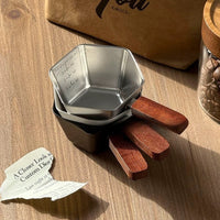Hexagonal Stainless Steel Espresso Measuring Cup with Wooden Handle, 150ml