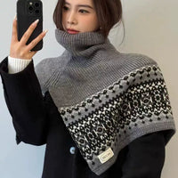 French Style Fair Isle High Neck Knitted Poncho Scarf for Women, Thickened Retro Outerwear