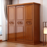 New Chinese Solid Wood Wardrobe with Mirror, Three-Door Sliding Storage Cabinet