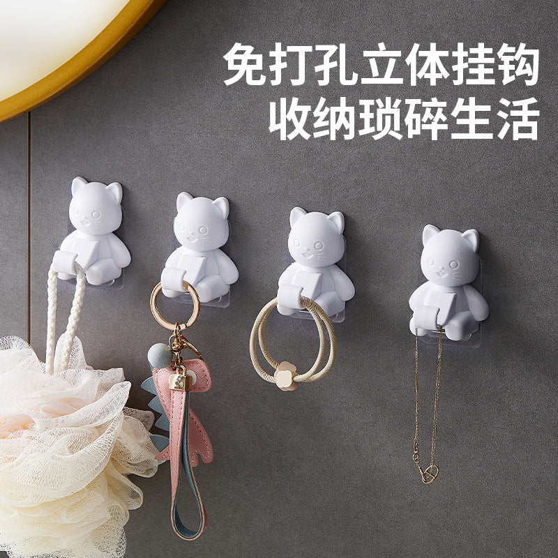 Cute Cat Wall Hooks Self-Adhesive Punch-Free for Bathroom Bedroom Door Back Coat Hat Storage