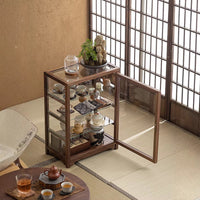 Glass Display Cabinet with Walnut Wood Frame for Collectibles, Tea Sets, and Tabletop Storage