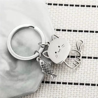 Cute Cartoon Cat Eating Fish Stainless Steel Keychain Pendant for Couples