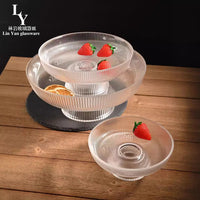 Ribbed Glass Fruit Bowl with Gold Rim, Large Capacity Decorative Serving Dish for Home & Commercial Use