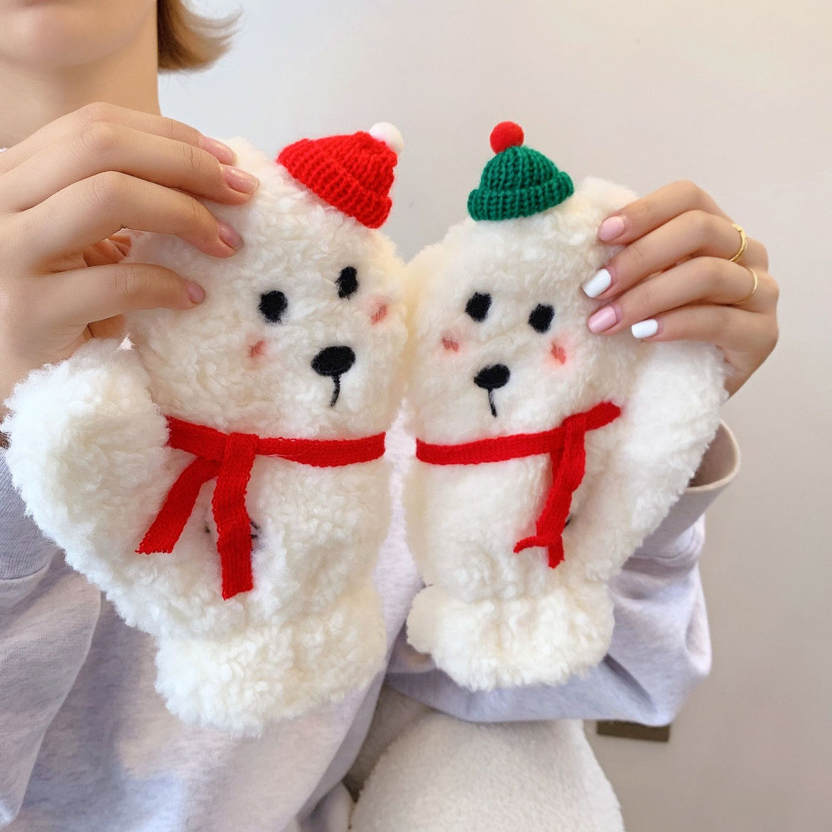 Women's Winter Lambswool Lined Warm Cartoon Plush Gloves with Neck Strap for Cycling