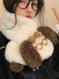 Cute Puppy Plush Cross Scarf for Women, Japanese Style Thick Warm Neck Warmer